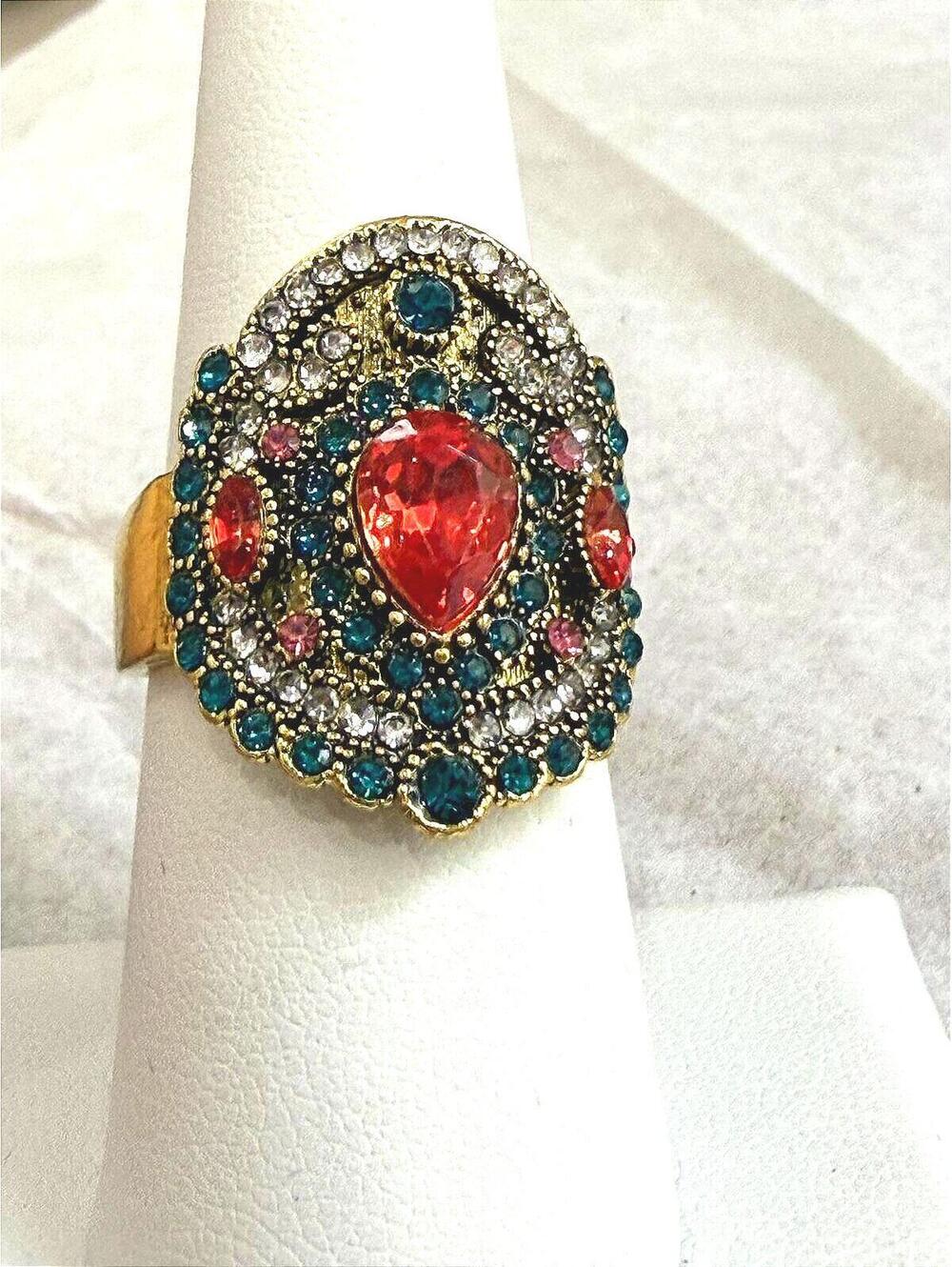 Vintage Style Gold Tone Multi-Stone Cocktail Ring Size 7.25